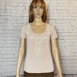 Vintage Lucifair Wool Short Sleeve Embellished Pale Pink Top Sweater Size M